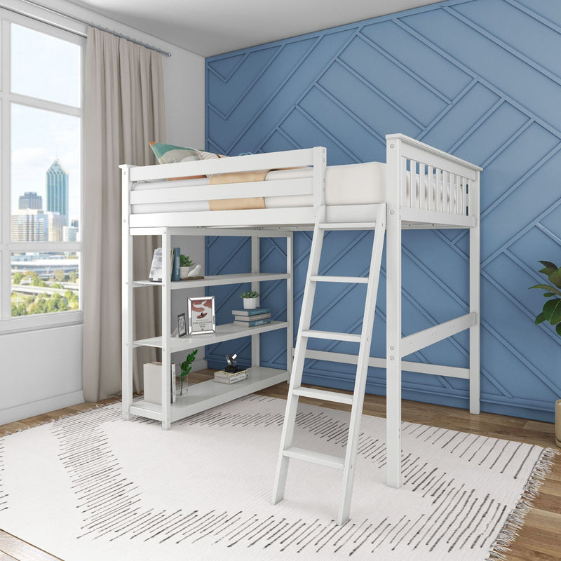 White loft bunk bed with ladder and built-in shelves in modern kids' bedroom featuring a blue geometric accent wall and city skyline window