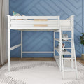White loft bed with ladder and built-in shelves in modern kids' bedroom with blue geometric accent wall, decorative pillows and rug