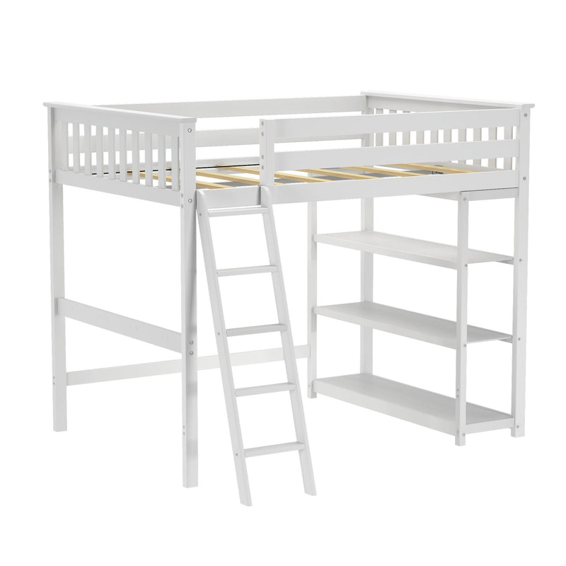 White wooden twin loft bed frame with safety rails, angled ladder and built-in shelves, space-saving kids' bed with modern white finish