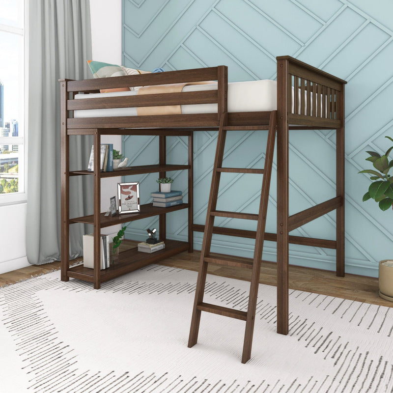 Dark wood twin loft bed with ladder and built-in bookshelf in modern kids' bedroom with light blue geometric accent wall, white rug and city-view window