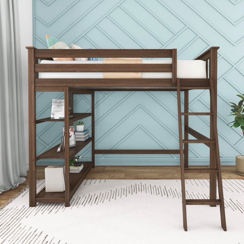 Wooden loft bed with ladder and built-in shelves against light blue geometric accent wall in modern kids' bedroom