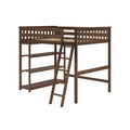 Dark brown wooden loft bed with ladder and built-in shelves, space-saving single/twin elevated bed frame