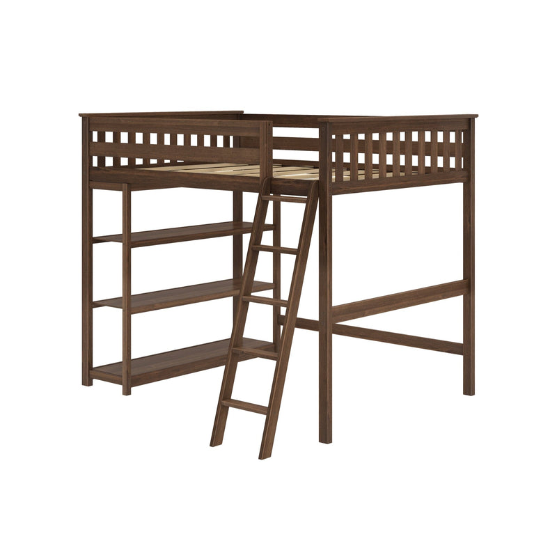 Dark brown wooden loft bed with ladder and built-in shelves, space-saving single/twin elevated bed frame