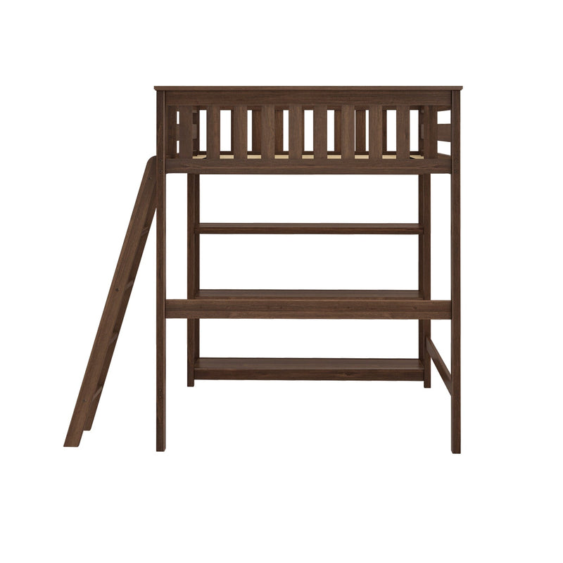 Dark brown wooden loft bed frame with angled ladder and slatted safety guardrail, modern farmhouse-style bunk bed design