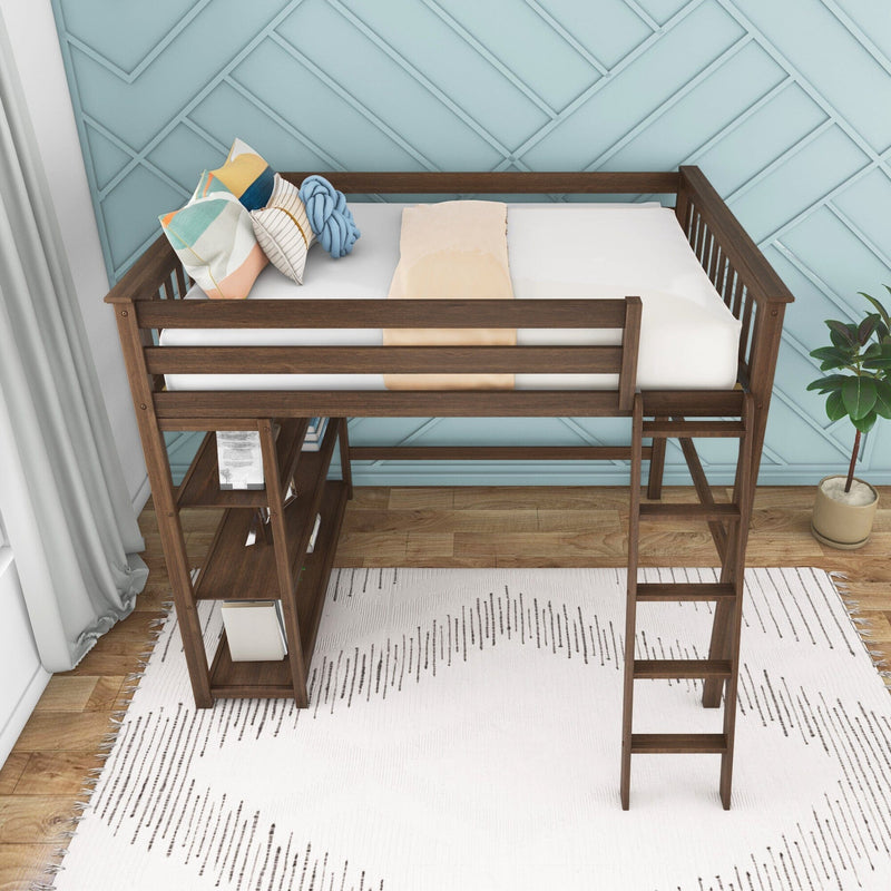 Wooden loft bed for kids with ladder and built-in storage shelves, styled with colorful pillows and a blue geometric accent wall in a modern children's bedroom