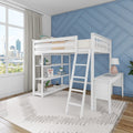 White wooden loft bunk bed with ladder and built-in study desk against blue geometric accent wall in modern kids' bedroom with city skyline view
