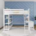 White loft bed with ladder and built-in desk and shelves against blue geometric accent wall in modern kids' bedroom