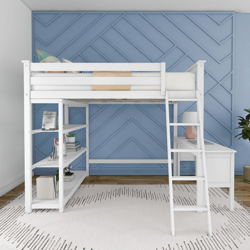 White loft bed with ladder and built-in desk and shelves against blue geometric accent wall in modern kids' bedroom