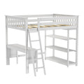 White wooden loft bed frame with ladder, guardrails and built-in shelves — space-saving kids bedroom loft