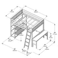 Isometric assembly diagram of a wooden twin high loft bed with ladder, built-in desk and shelving, annotated with dimensions in inches and centimeters