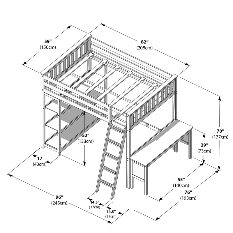 Twin loft bed with ladder, integrated desk and shelving — technical line drawing with dimensions (96 in/245 cm length, 76 in/193 cm width, 82 in/208 cm top rail, 70 in/177 cm height)