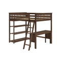 Dark brown wooden loft bed with ladder, built-in desk and open shelving for space-saving kids' bedroom