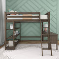 Wooden loft bed with built-in desk and shelving in kids' bedroom, teal geometric accent wall, white rug and modern lamp — space-saving study and storage solution
