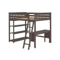 Dark walnut twin loft bed with angled ladder, slatted safety rails and integrated desk with open shelving — space-saving kids and teen bedroom furniture
