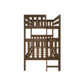 Brown wooden twin-over-twin bunk bed with ladder, slatted guardrails and rustic finish for kids' bedroom