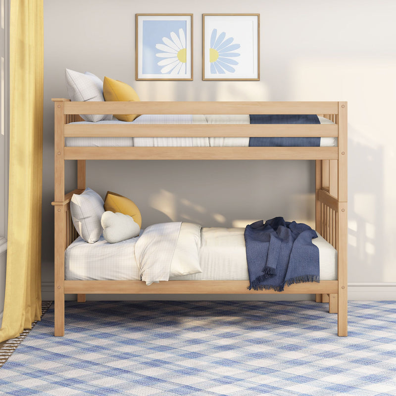 Natural solid wood kids bunk bed with yellow and blue bedding, daisy wall art and modern children's bedroom decor
