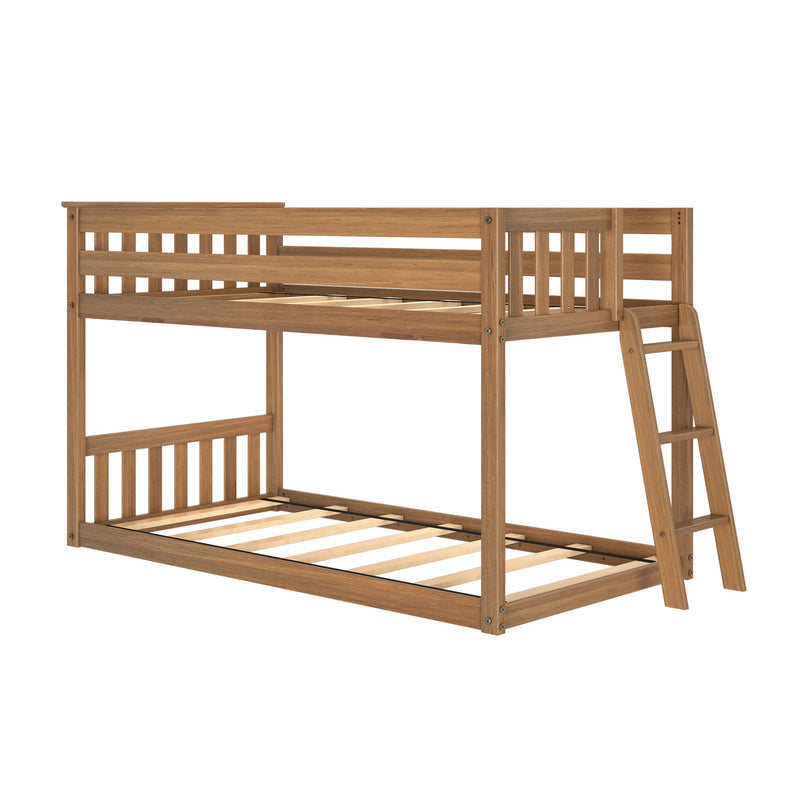 Two-tier natural wood bunk bed frame with ladder, slatted headboards and guardrails, exposed mattress slats — space-saving kids loft bed
