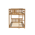 Natural wood bunk bed frame with center ladder, vertical slat guardrails and slatted mattress supports, oak finish