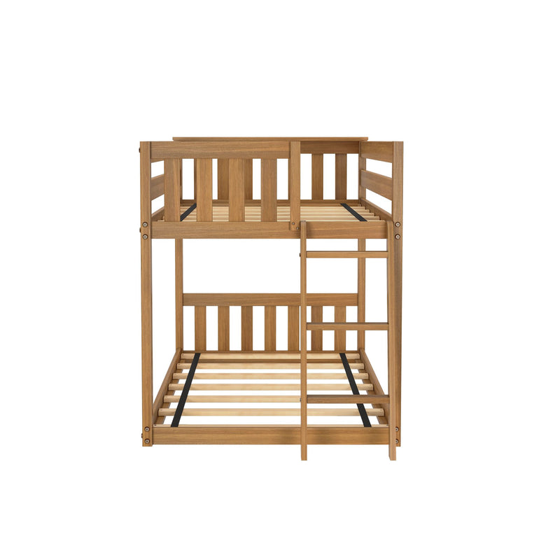 Natural wood bunk bed frame with center ladder, vertical slat guardrails and slatted mattress supports, oak finish