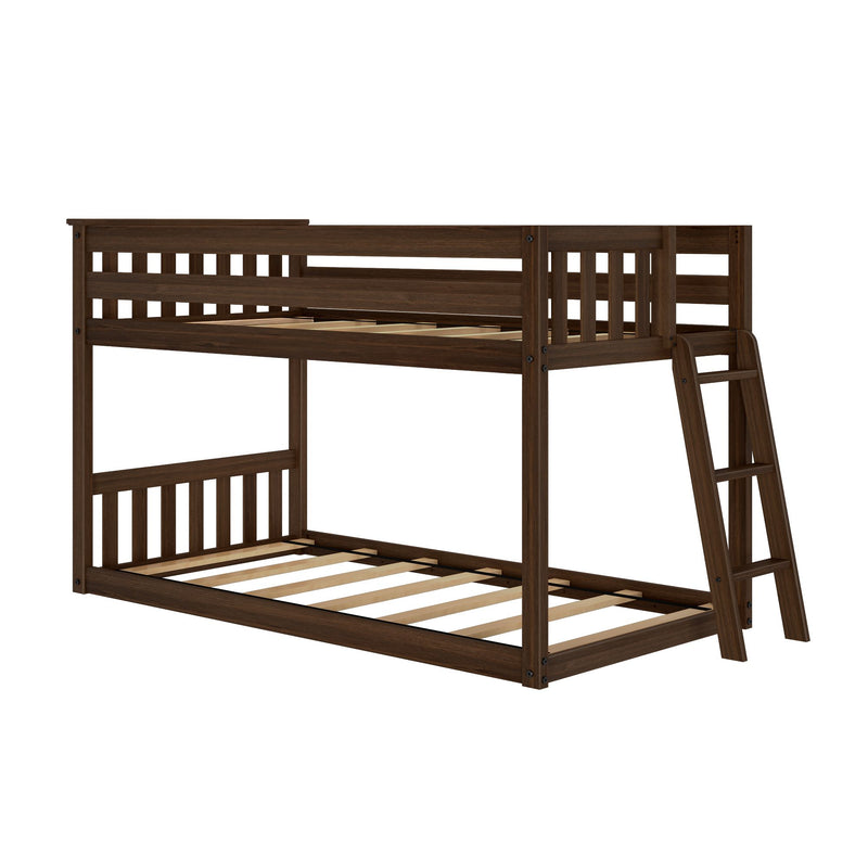 Dark brown solid wood loft-style bunk bed frame with ladder, slatted headboards and wooden mattress slats