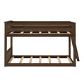 Dark brown wooden loft bunk bed frame with slatted guardrails, exposed natural wood slats and ladder, isolated on white background