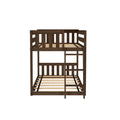 Dark brown solid wood bunk bed frame with ladder and slatted mattress supports, space-saving kids bedroom furniture
