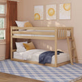 Light natural wood bunk bed in cozy neutral kids bedroom with sun-themed wall art, mustard and cloud pillows, ladder, rust curtains and blue plaid rug
