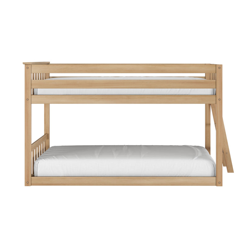 Natural oak wooden twin-over-full bunk bed with ladder and white mattresses, modern Scandinavian kids' bedroom furniture