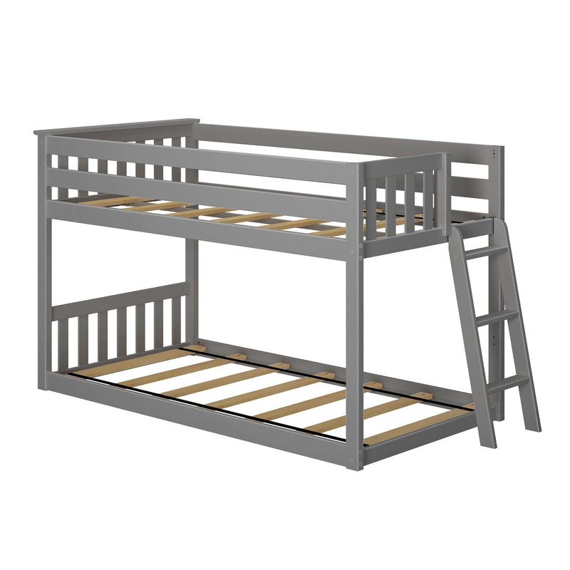 Gray wooden twin-over-full loft bunk bed with angled ladder and slatted mattress supports, modern kids bedroom furniture