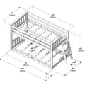 Isometric assembly diagram of a wooden two-level bunk bed frame with ladder and guardrail, showing detailed dimensions in inches and centimeters (e.g., 90″/228cm length, 42″/108cm width, 65″/165cm height, 30″/75cm internal clearance)