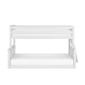 White wooden twin-over-full bunk bed frame with top guardrail and ladder, modern children’s bunk bed with mattresses on white background