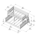 Bunk bed frame dimensions diagram showing wooden loft/bunk bed assembly with ladder, guardrails and mattress slats, labeled measurements in inches and centimeters