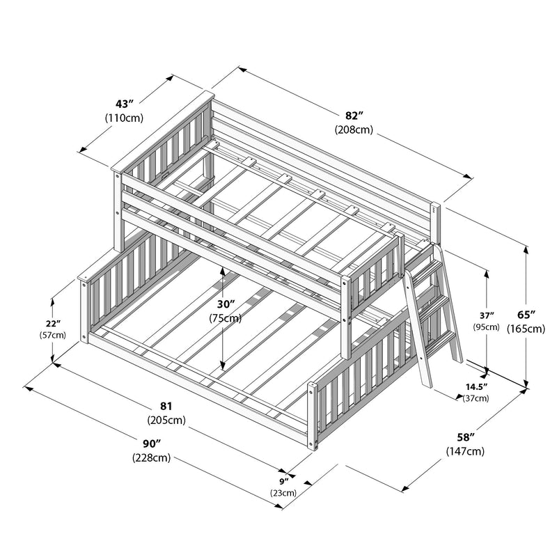Bunk bed frame dimensions diagram showing wooden loft/bunk bed assembly with ladder, guardrails and mattress slats, labeled measurements in inches and centimeters