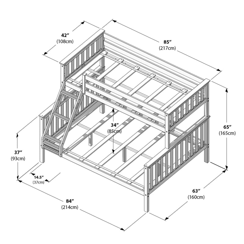 Isometric assembly diagram of a wooden bunk bed frame with built-in ladder, guardrails and slatted supports, labeled dimensions 84" x 63" x 65" (214 x 160 x 165 cm) for bunk bed assembly, loft bed measurements and bedroom furniture planning