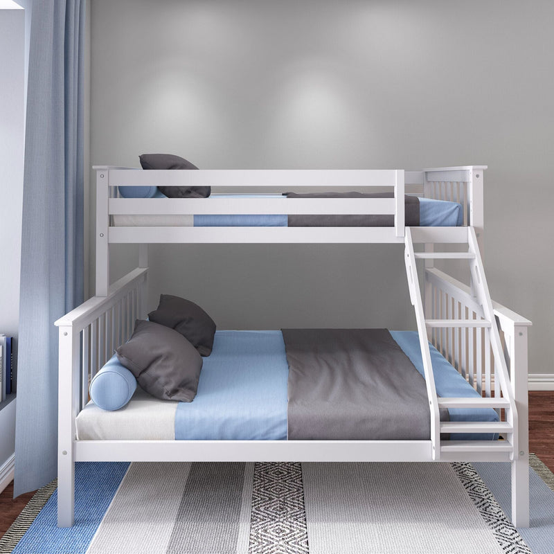 White wooden bunk bed with ladder, blue and gray bedding and light blue curtains in a modern minimalist kids' bedroom