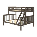 Twin-over-full wooden bunk bed in gray weathered finish with slatted platform supports, angled ladder and farmhouse-style guardrails