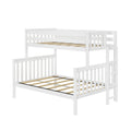 White wooden twin-over-full bunk bed frame with ladder and slatted guardrails, space-saving children's loft bed with wooden slats