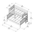 Isometric bunk bed dimensions diagram: wooden bunk bed frame with ladder and guardrails, labeled measurements in inches and centimeters for assembly