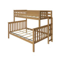 Natural wood bunk bed frame with ladder, slatted guardrails and mattress slats, space‑saving kids loft design