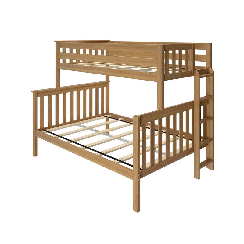 Natural wood bunk bed frame with ladder, slatted guardrails and mattress slats, space‑saving kids loft design