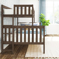 Dark wooden twin bunk bed in a bright modern kids' bedroom with white bedding, blue accent pillows, ladder, large window and potted plant