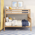 Natural wood twin bunk bed in a modern kids' bedroom with yellow pillows, navy throw, white bedding, plaid blue rug and daisy wall art