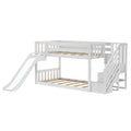 White wooden kids loft bunk bed with slide and staircase storage, guardrails and slatted mattress frames, modern design