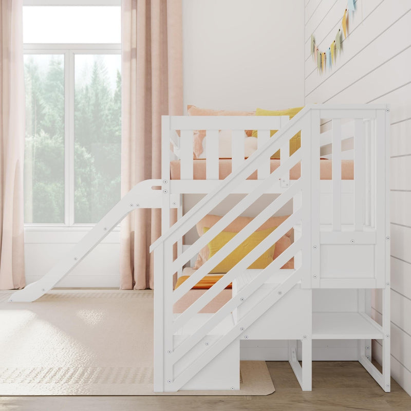 Modern white wooden bunk bed in pastel nursery with pink curtains, blush and yellow pillows, shiplap wall and large window