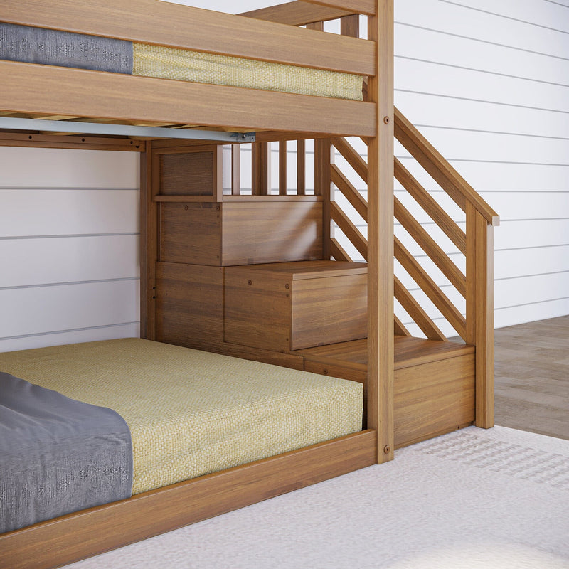 Solid wood bunk bed with built-in staircase drawers, yellow mattress and space-saving loft design in modern shiplap bedroom