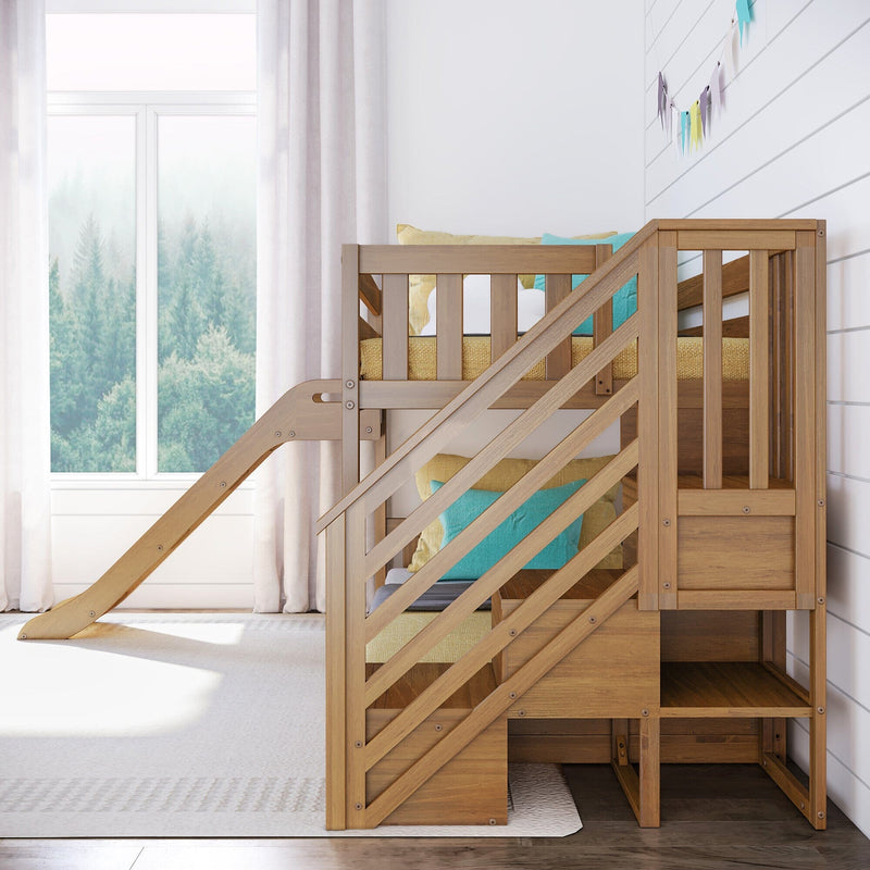 Wooden children's loft bed with slide, colorful pillows and bunting in a bright modern nursery with large window and forest view