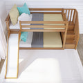 Wooden kids loft bunk bed with slide and stairs, twin mattresses styled with teal and yellow pillows and a cloud cushion in bright nursery