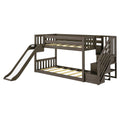Dark wood loft bunk bed for kids with built-in slide and staircase storage, slatted guardrails and open lower bed frame