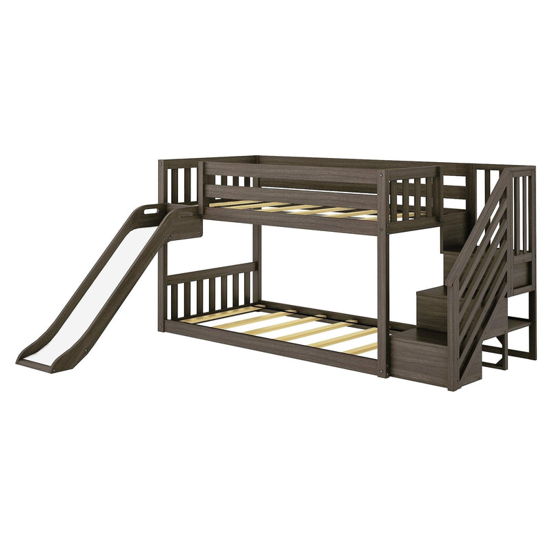Dark wood loft bunk bed for kids with built-in slide and staircase storage, slatted guardrails and open lower bed frame