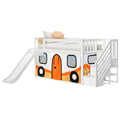 White kids loft bed with slide and stairs, orange camper-style play-tent curtain and top bunk with pillows